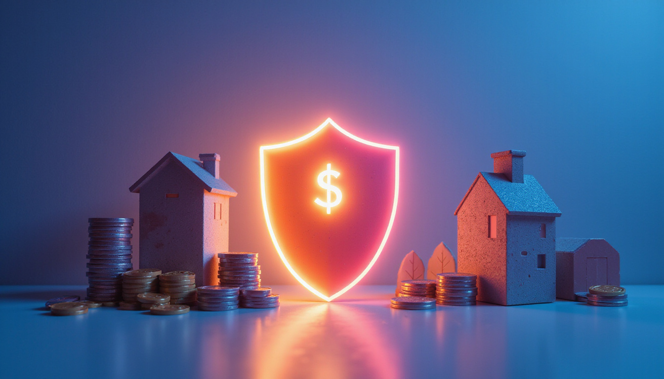  An illustrated scene of assets and property being safeguarded by a glowing insurance shield