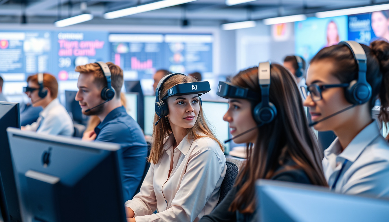  busy customer support center with diverse agents using AI-powered headsets, vibrant tech environment