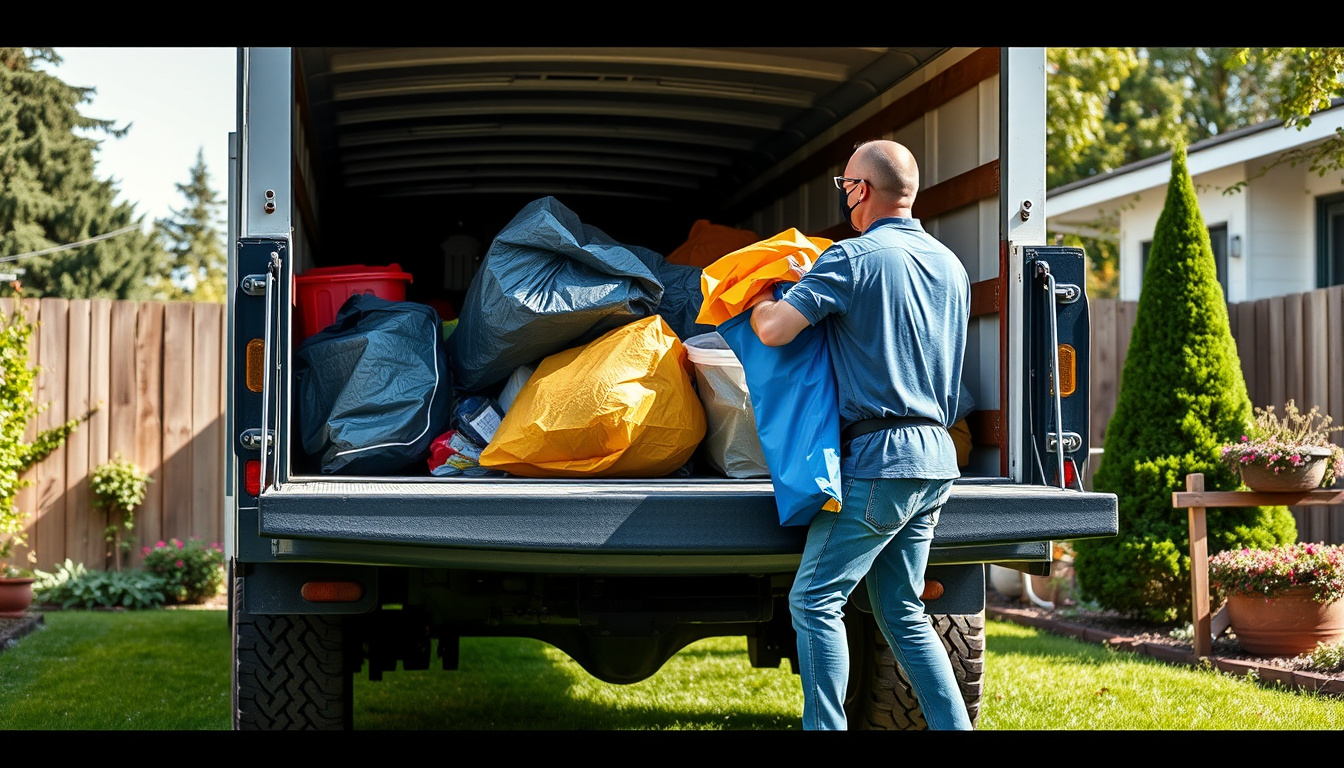  A motivated homeowner loading trash into a large truck, organized backyard cleanup