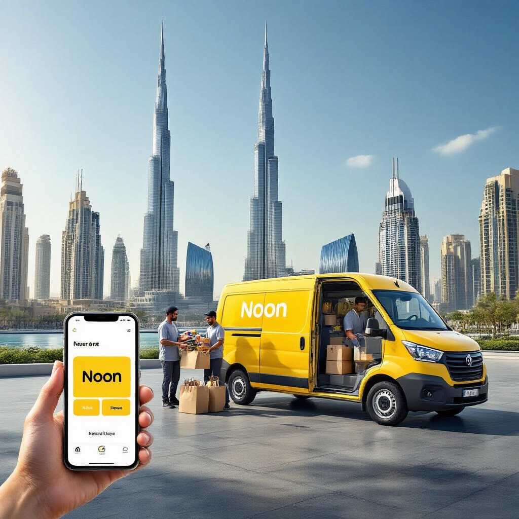 Create a realistic image of a sleek, modern Noon delivery van with distinctive yellow branding parked in front of Dubai's iconic skyline featuring Burj Khalifa, with shopping bags and packages being loaded by staff, smartphone showing the Noon app interface in foreground, bright daylight setting conveying growth and success in the e-commerce market.