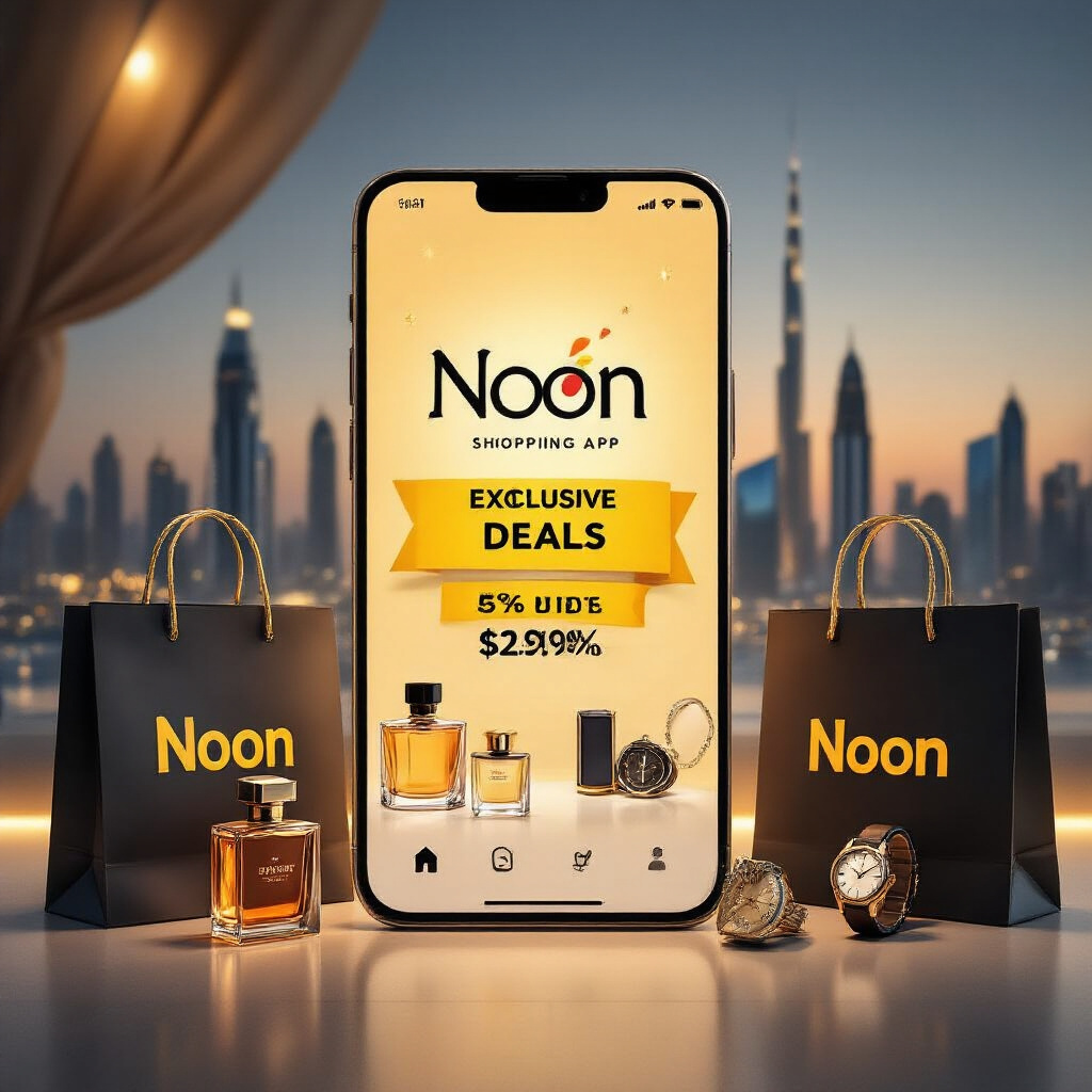 Create a realistic image of a smartphone screen displaying the Noon shopping app with vibrant "EXCLUSIVE DEALS" banners and discount percentages, surrounded by shopping bags branded with Noon's yellow logo, a few luxury items like perfumes and watches partially visible, set against a modern Dubai skyline background, warm lighting creating a premium shopping atmosphere.