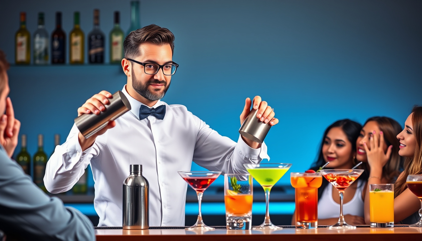  Dynamic bartender instructing students with cocktail shakers and glasses
