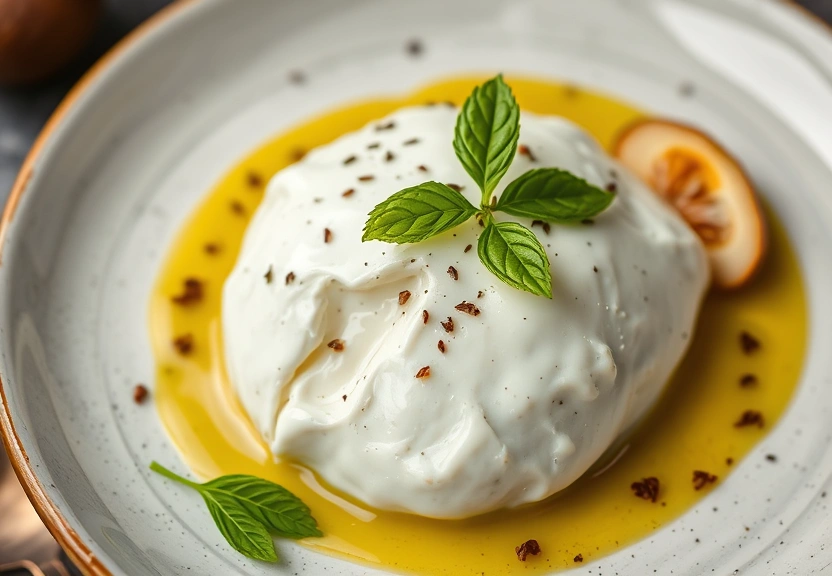 Representação visual de Burrata Deliciosa com Cerejas Amassadas e Pistaches Crocantes: Uma Receita Irresistível