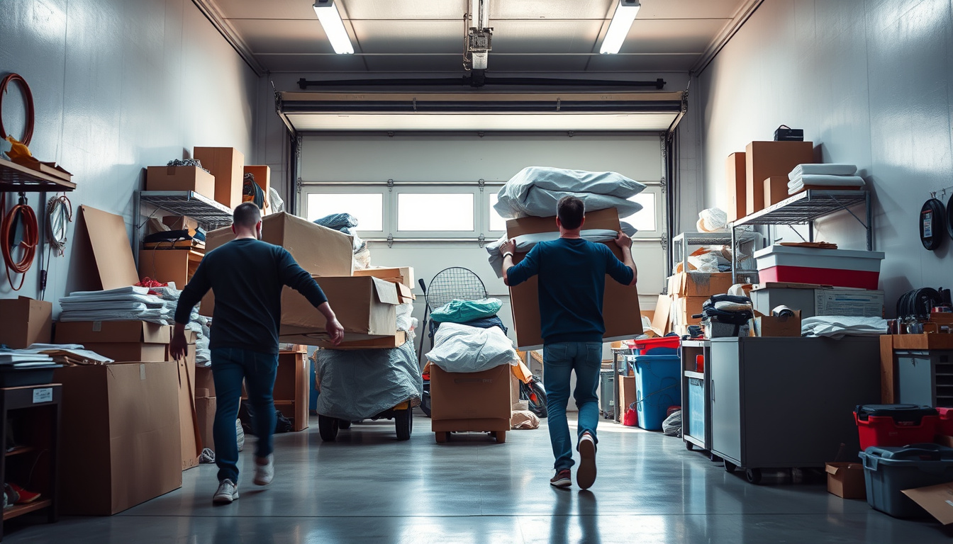  busy team hauling bulky items from messy garage to clean environment