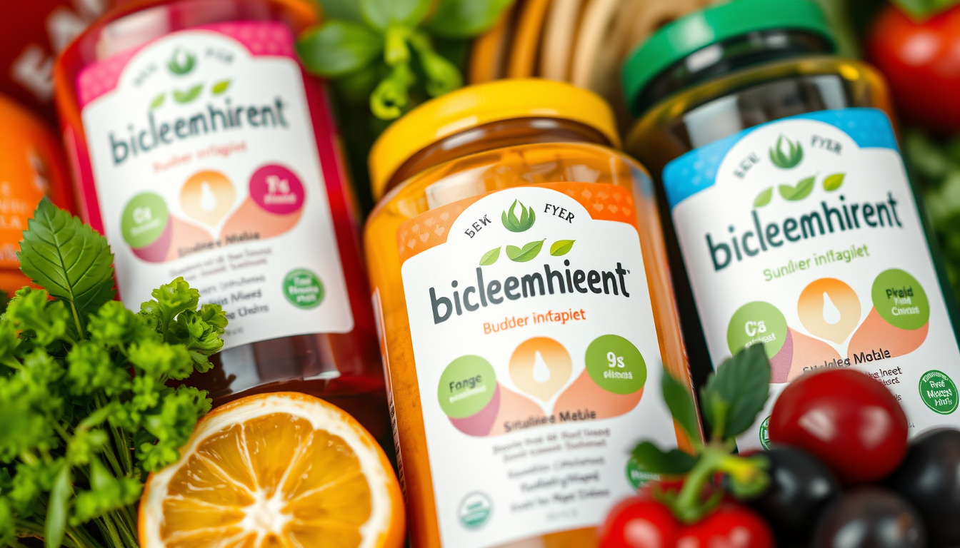  Close-up of fresh, colorful biolebensmittel with eco-friendly labels
