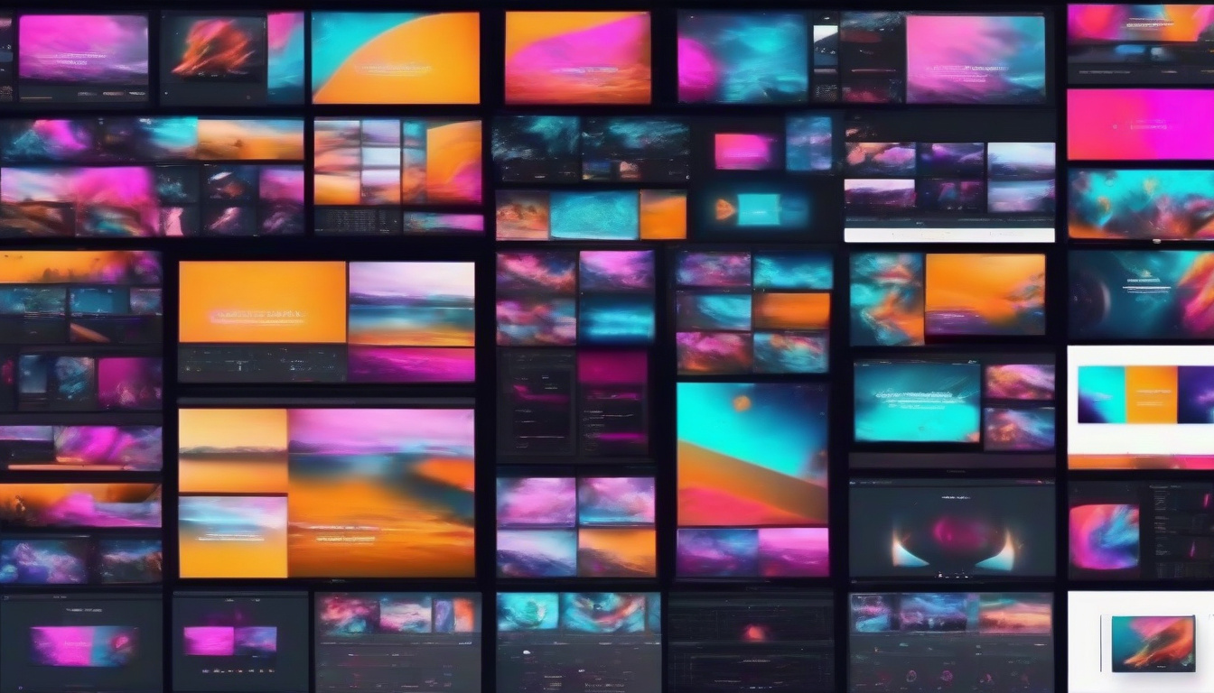  creative video editor using multiple screens, colorful transitions and effects, cinematic atmosphere