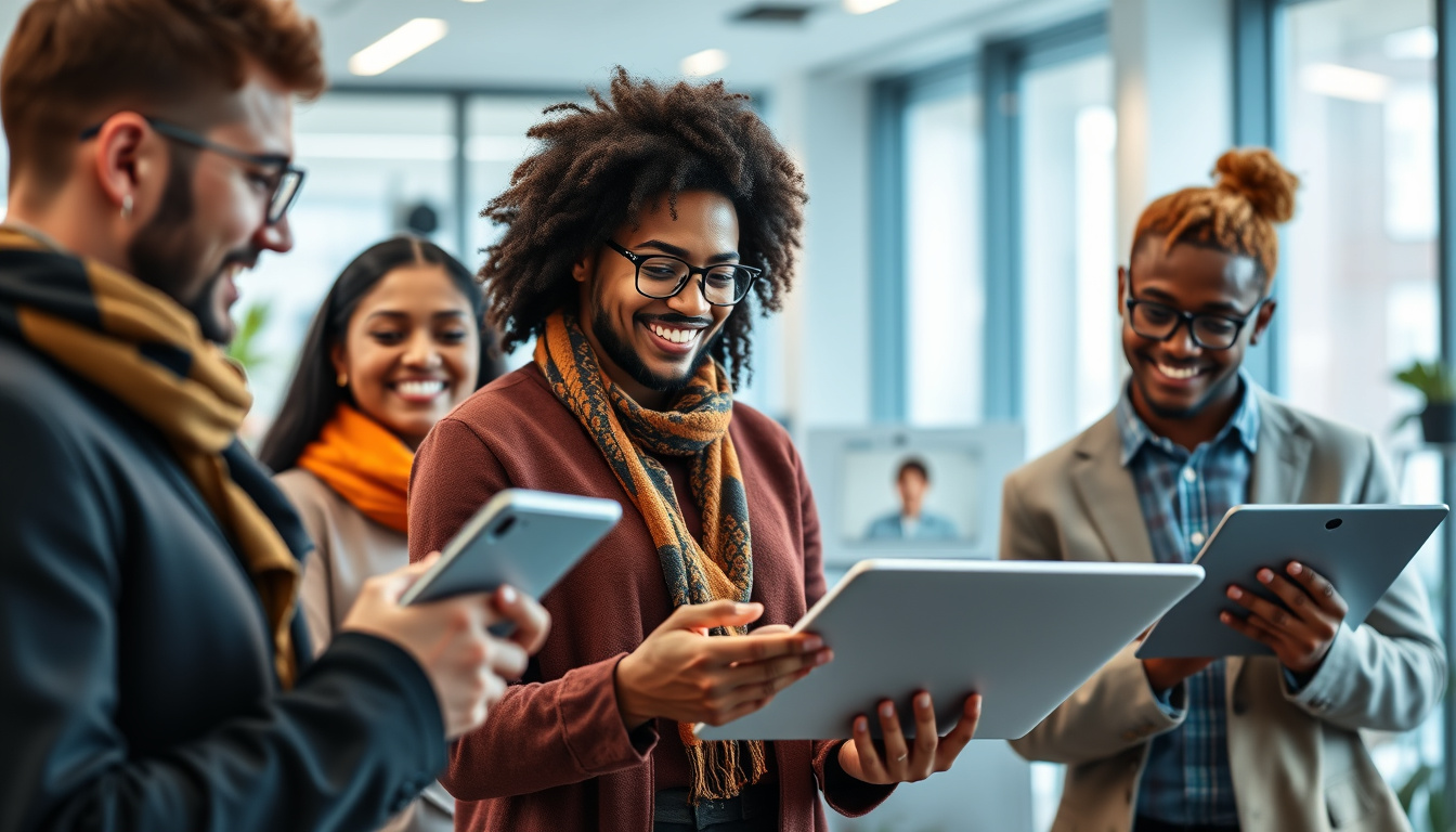 happy diverse customers interacting with personalized marketing content, bright modern office background