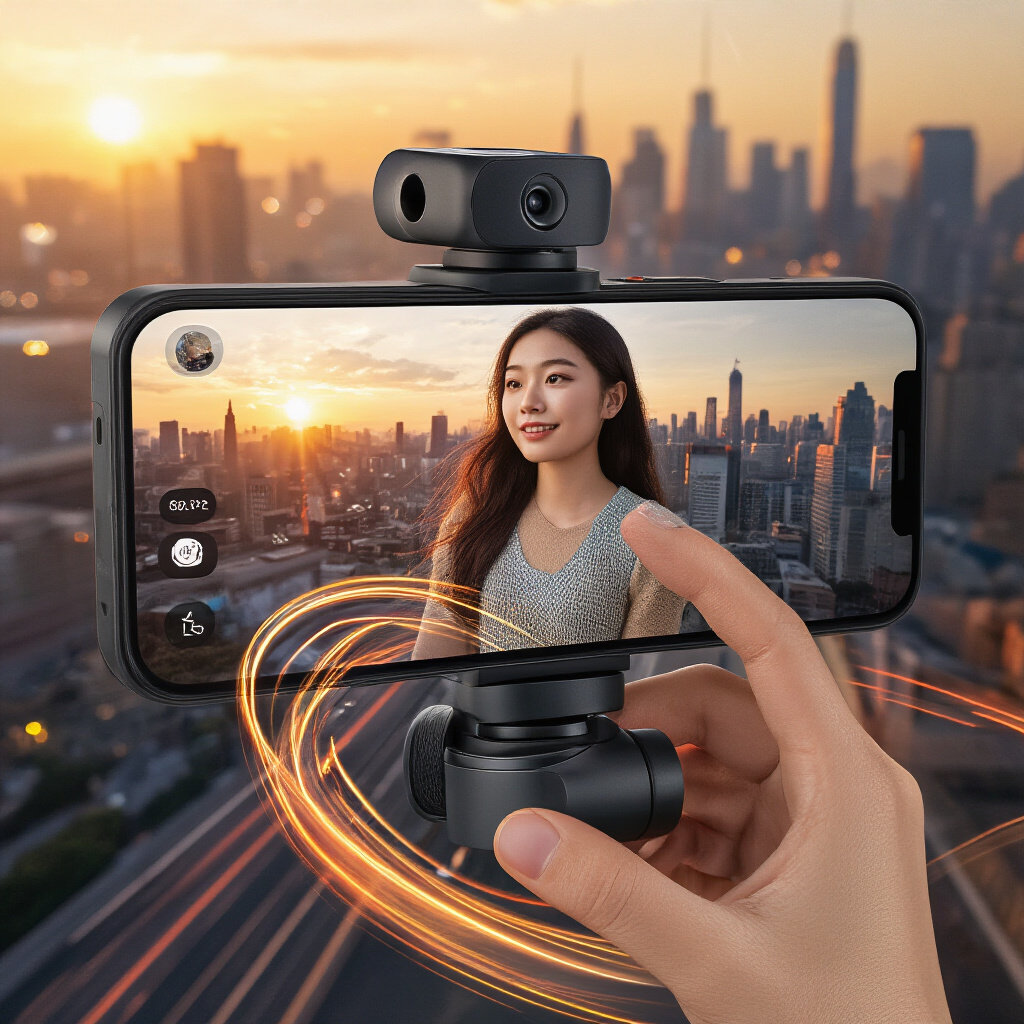 Create a realistic image of a young Asian female content creator using a DJI Osmo Mobile 7P gimbal to film creative shots of a sunset cityscape, demonstrating dynamic movement with motion blur trails, highlighting the gimbal's stabilization capabilities, with smartphone screen showing the DJI Mimo app interface, in warm golden-hour lighting.