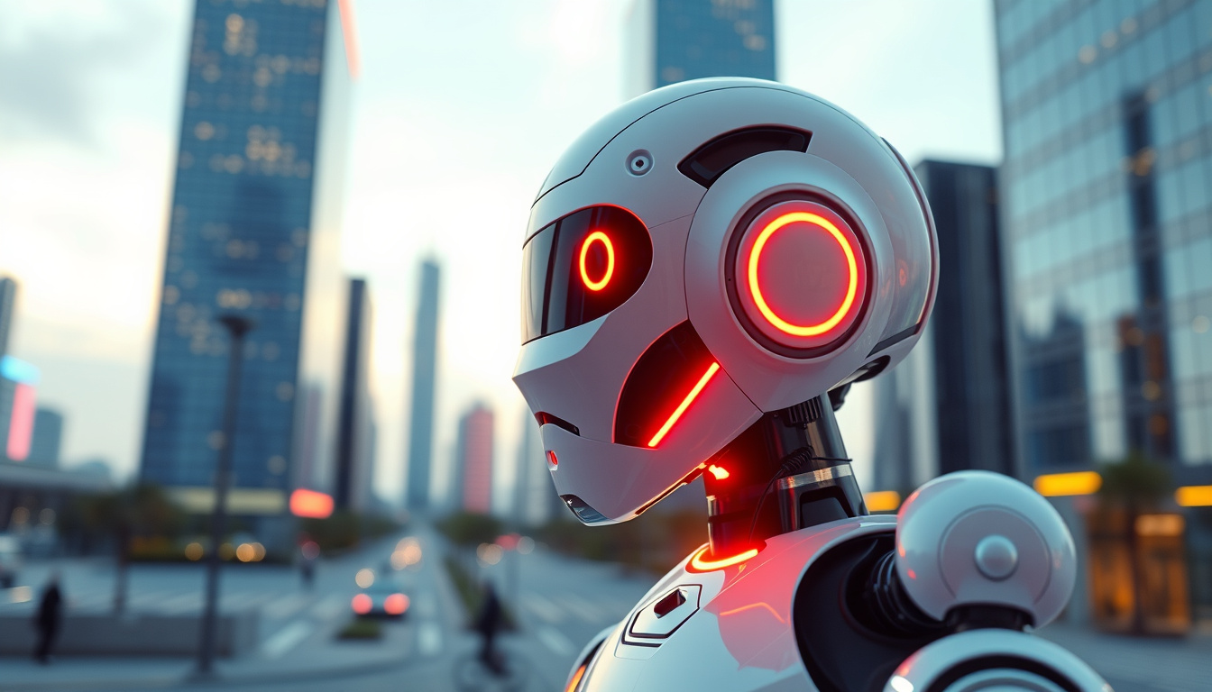  Sleek AI-powered robot optimizing energy in a smart city, vibrant tech aesthetics
