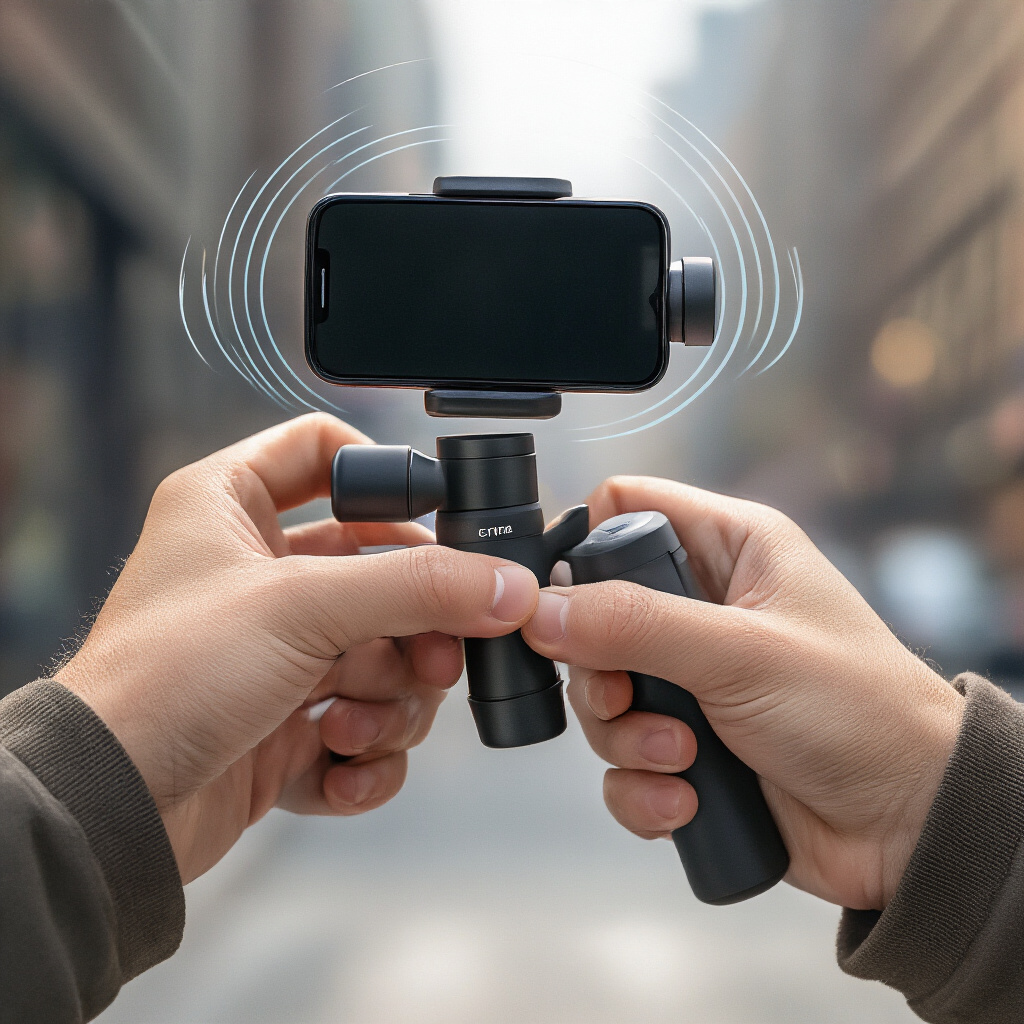 Create a realistic image of a person's hands holding a DJI Osmo Mobile 7P gimbal stabilizer with a smartphone mounted on it, demonstrating proper grip technique against a blurred urban background, with smooth motion lines illustrating stabilization effect, under natural daylight with soft shadows highlighting the device's features.