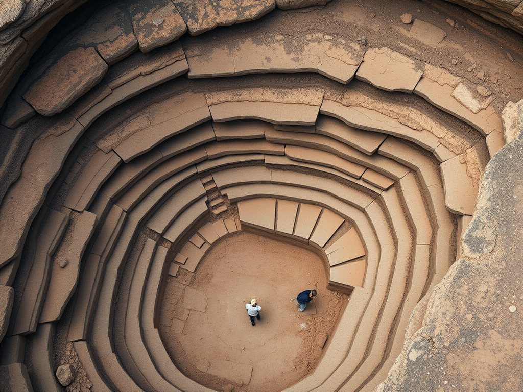 An aerial view of an Indonesian archaeological dig site, focusing on layered rock formations and researchers carefully excavating. Corporate design, muted natural tones, professional photography.