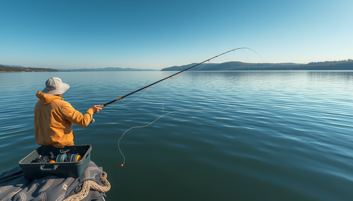  an angler casting a fishing line on a serene lake with different fishing weights visible on the rod and tackle box nearby