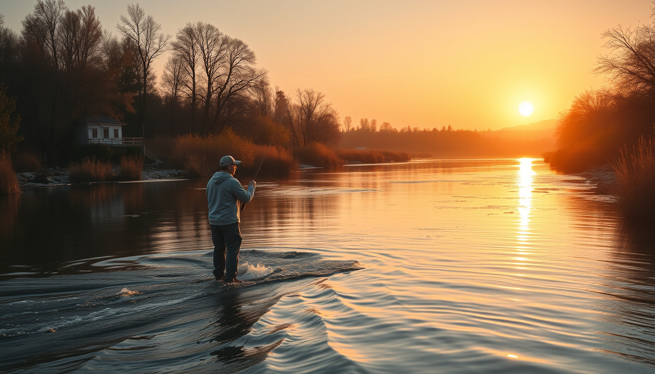  Angler casting a fishing line into a serene river during golden hour peaceful scenery