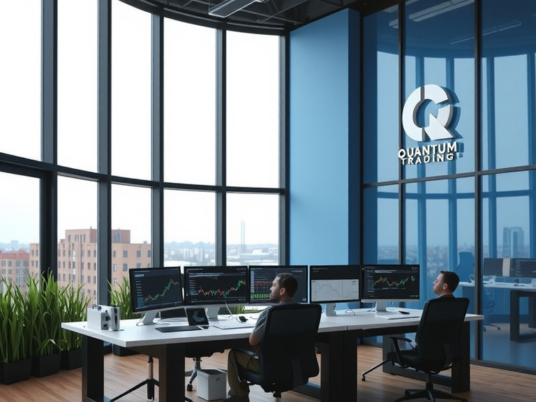 modern office interior with glass walls, quantum trading logo visible, professional workspace with computers showing trading charts, natural light coming through large windows, contemporary design with blue and white color scheme