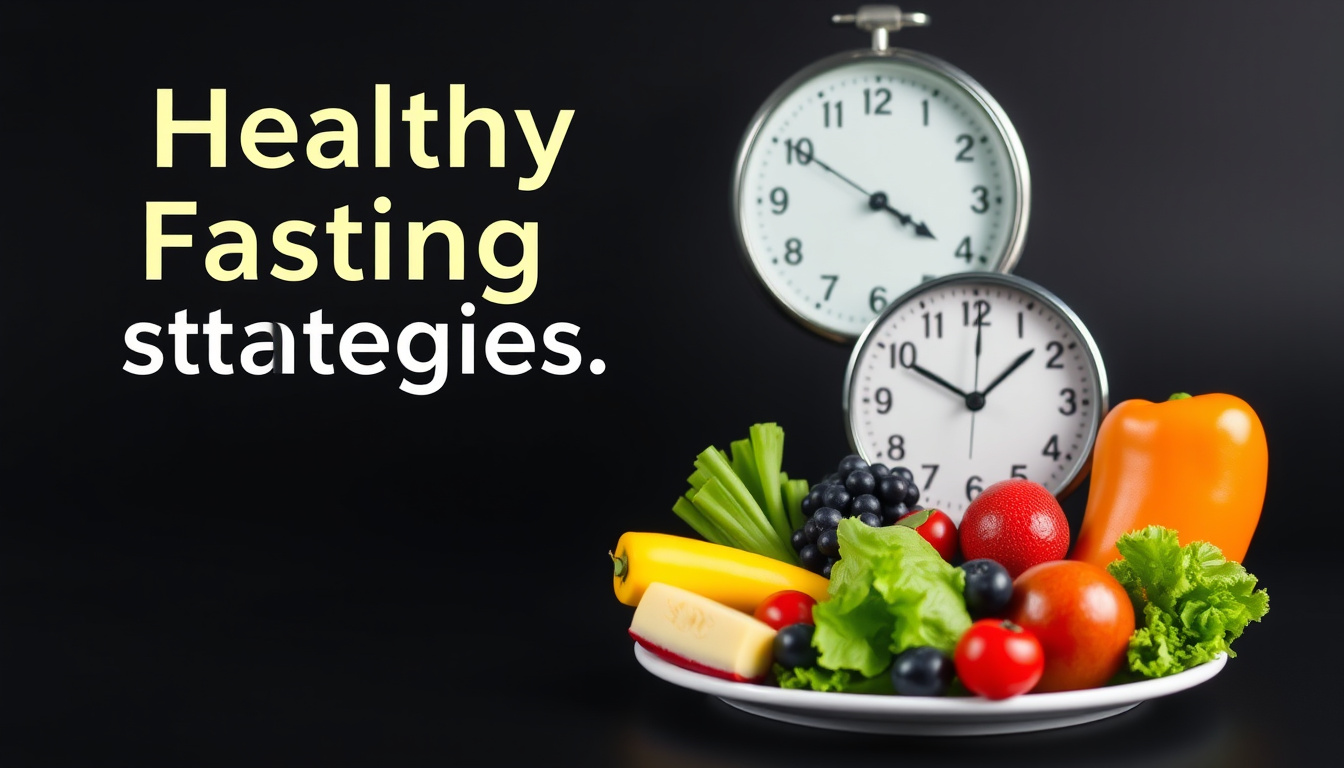  A balanced plate with fruits and vegetables beside a clock, emphasizing healthy fasting strategies