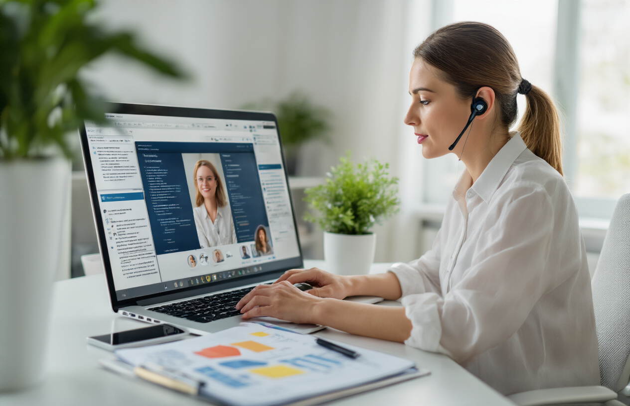 Create a realistic image of a white female professional using ChatGPT on her laptop while simultaneously on a video call, with multiple communication windows open on her screen, a notepad with organized notes beside her, in a bright modern home office, showing improved workflow and communication efficiency.