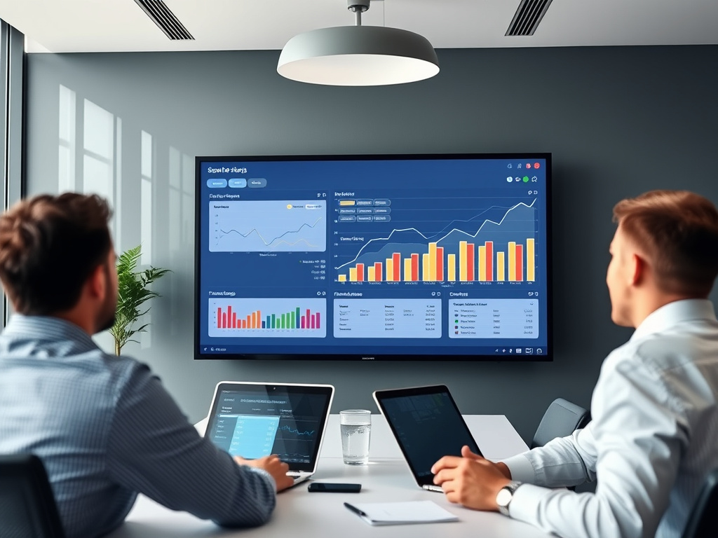 digital marketing team analyzing SEO performance metrics on a large screen in a modern conference room