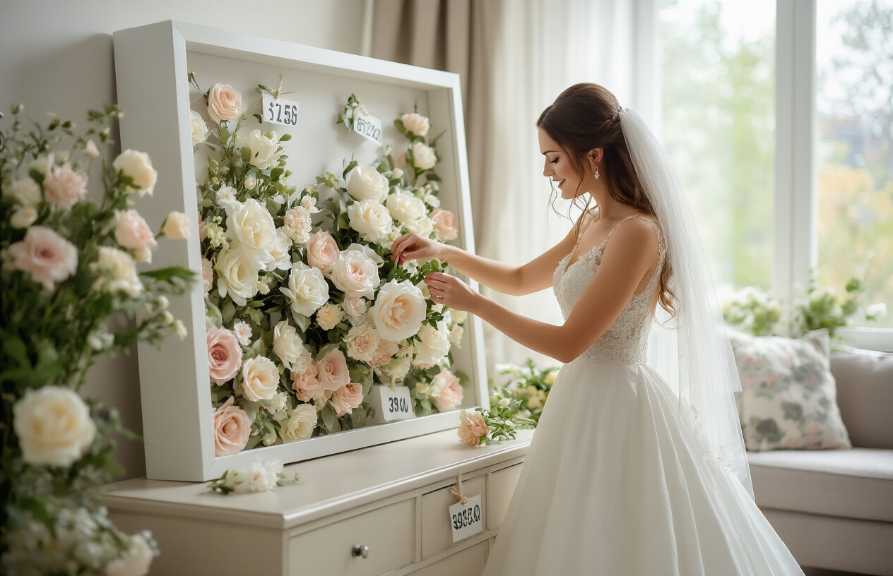 Create a realistic image of a white female bride arranging artificial wedding flowers into a shadow box frame in a well-lit living room, showing how preserved bouquets become home decor, with visible price tags indicating cost savings, demonstrating the post-wedding investment value of artificial floral arrangements.