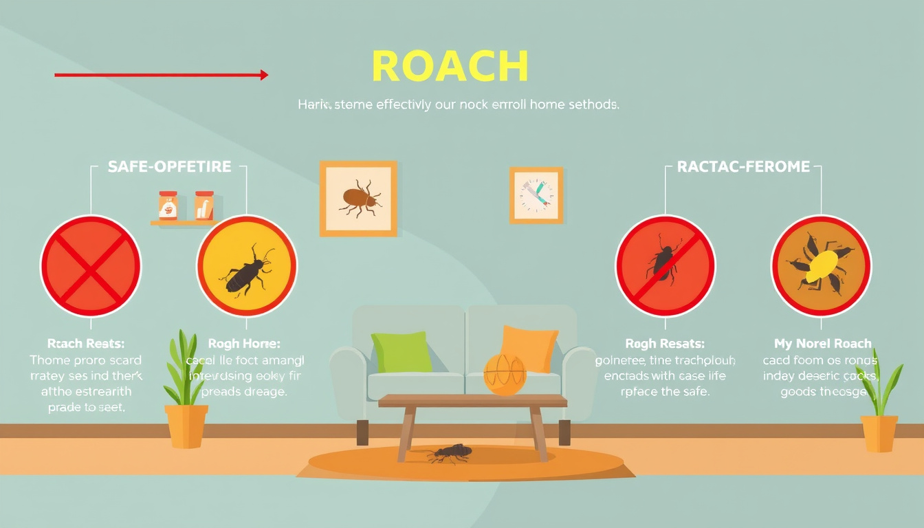  Detailed infographic of safe and effective roach control methods in a cozy home setting