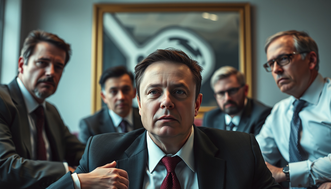 Elon Musk and political conspirators in a tense meeting scene