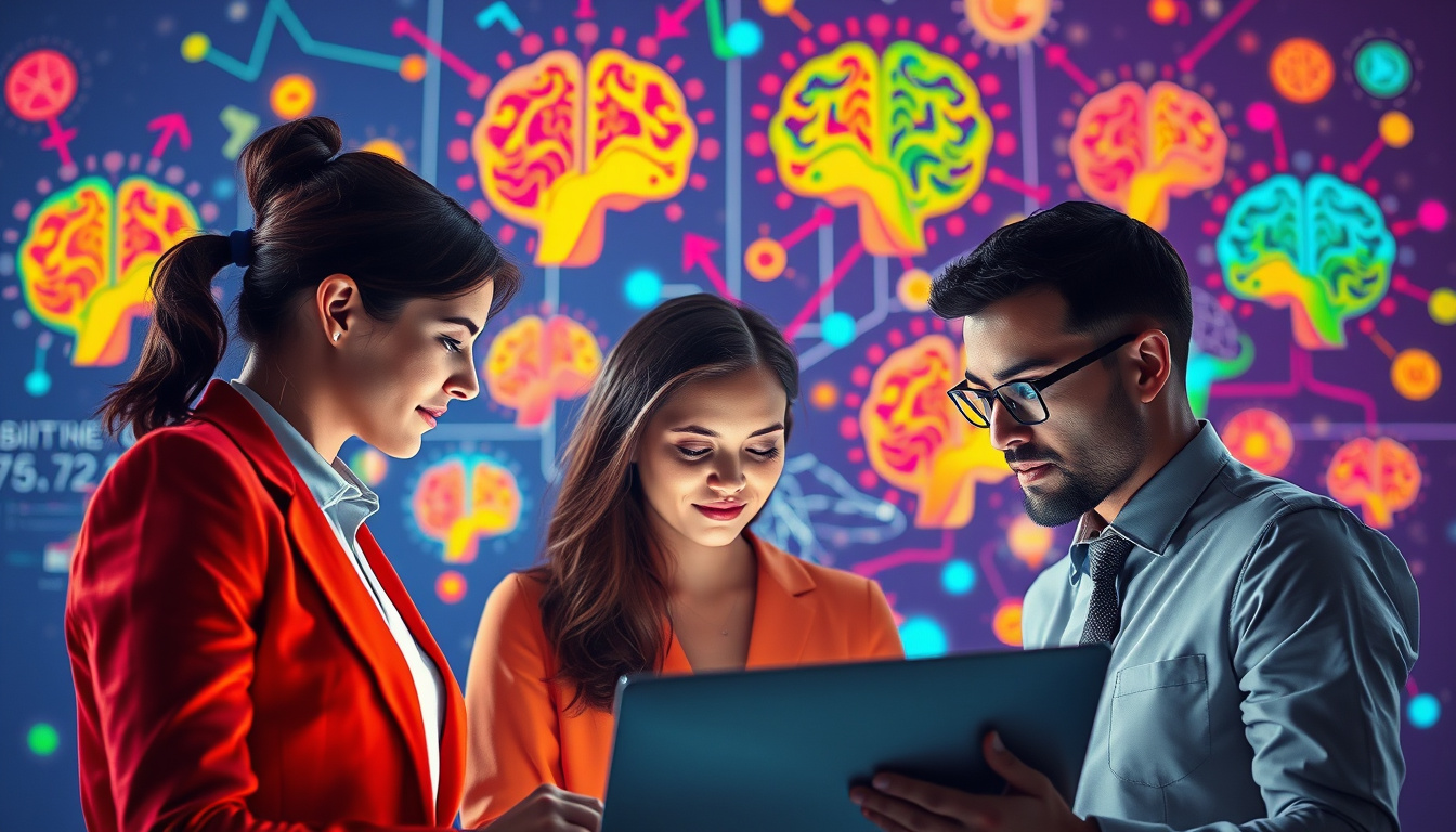  Business team analyzing colorful brain activity patterns