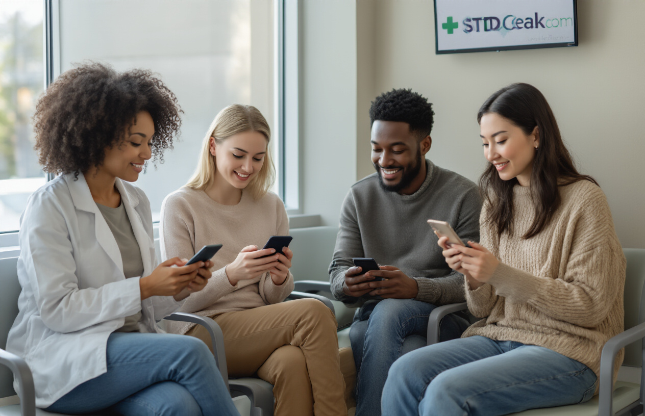 Create a realistic image of a diverse group of people (white female, black male, Asian female) sitting in a modern healthcare waiting room, looking relieved while checking their phones, with a subtle STDCheck.com logo visible on a wall-mounted screen, soft natural lighting coming through windows, creating a sense of privacy and trust.