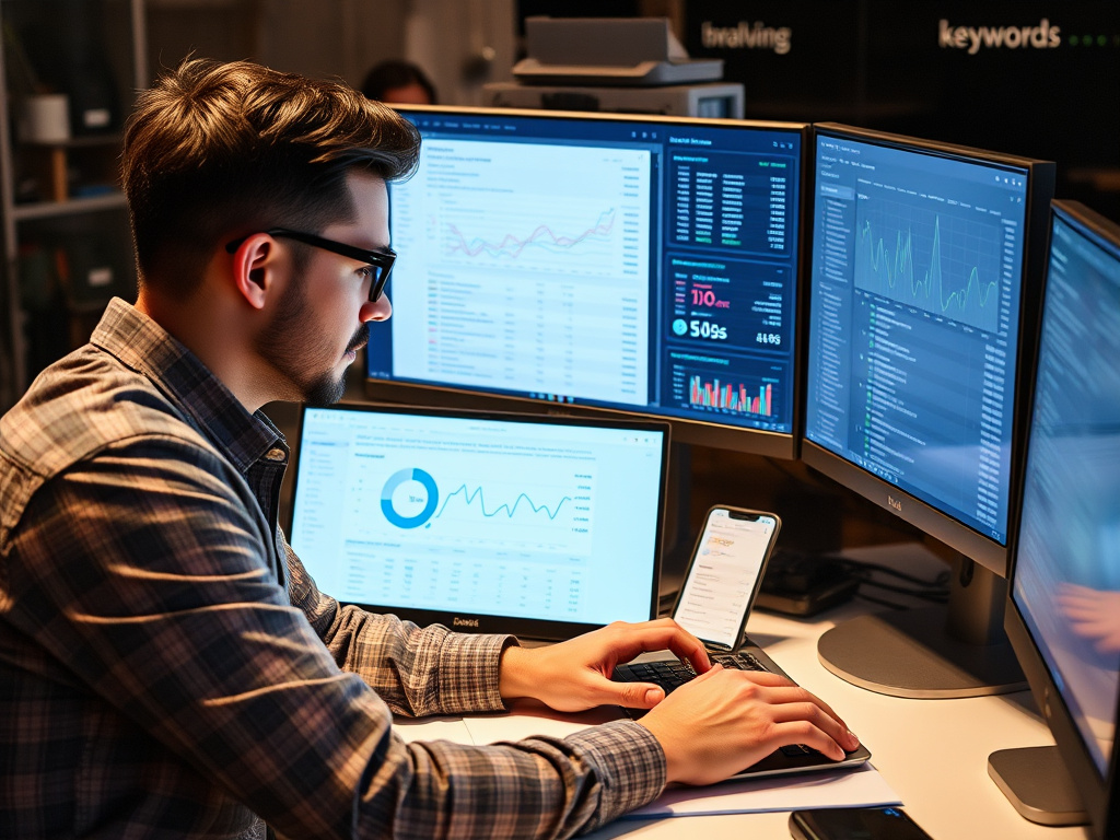 professional digital marketing strategist working on campaign optimization with multiple screens showing analytics and keyword data