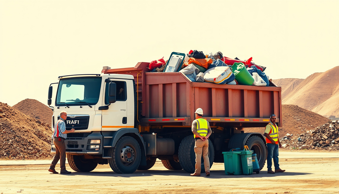  workers loading bulky trash onto a heavy-duty waste hauling truck, sunny industrial landfill setting