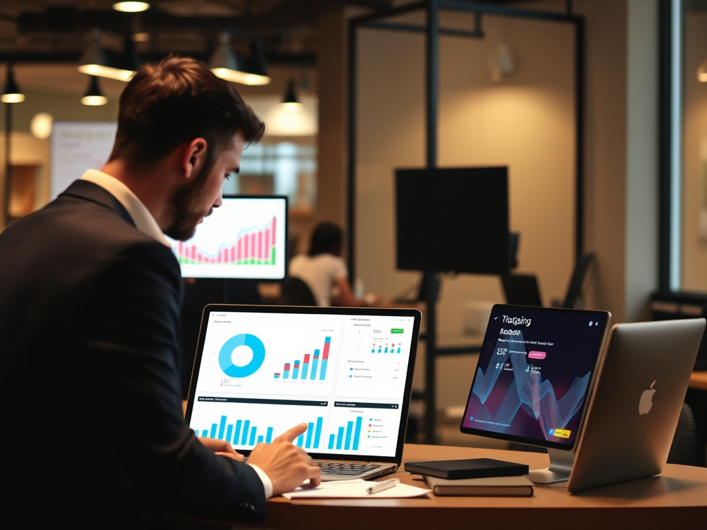 business professional analyzing split-testing results on digital marketing platform with graphs and metrics