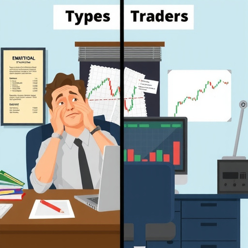 split image showing two types of traders: left side shows emotional trader with messy desk, stressed expression, multiple losing trades on screen; right side shows disciplined trader with clean workspace, calm expression, organized trading plan visible, infographic style with clear contrast