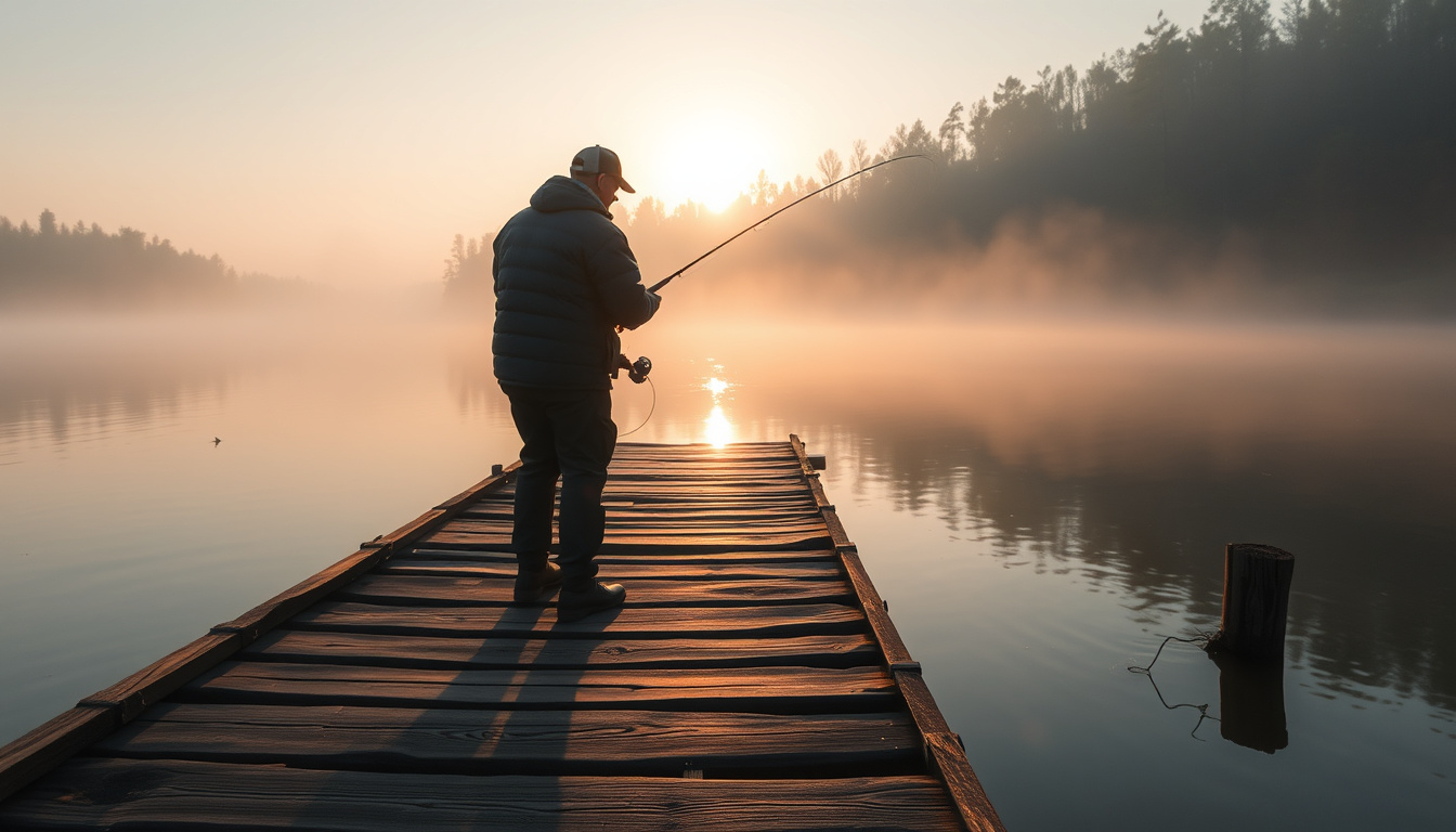  Rustic wooden dock on a misty river, an angler casting line under golden morning light