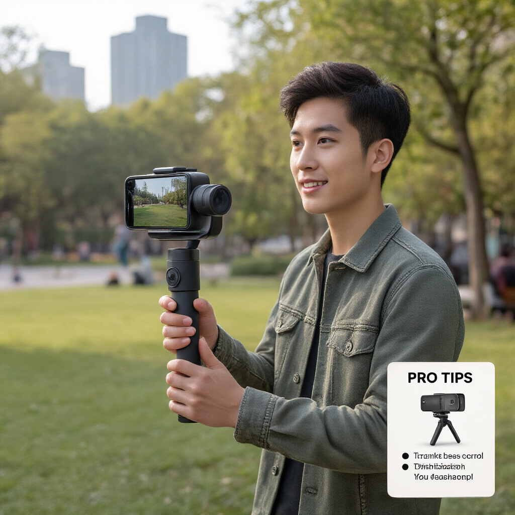 Create a realistic image of a young Asian male vlogger using the DJI Osmo Mobile 7P smartphone gimbal to capture stable footage outdoors, with visual indicators showing key features like tracking modes and stabilization effects, smartphone mounted securely, and a small infographic in the corner displaying "Pro Tips" for maximizing the gimbal's capabilities, all in natural daylight with an urban park background.