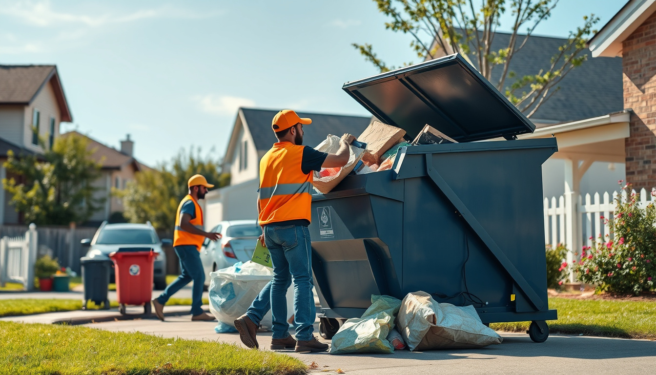  organized workers loading household junk into dumpster, suburban neighborhood, vibrant colors