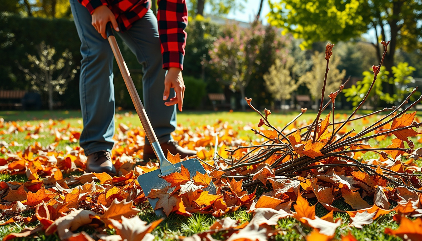  gardener clearing fallen leaves and branches, bright sunny day, vibrant foliage