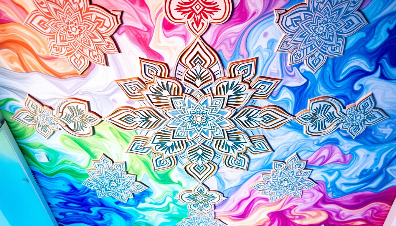 Transform Your Space with Stunning Ceiling Design Ideas 1 Artistic ceiling mural with intricate patterns and vibrant colors