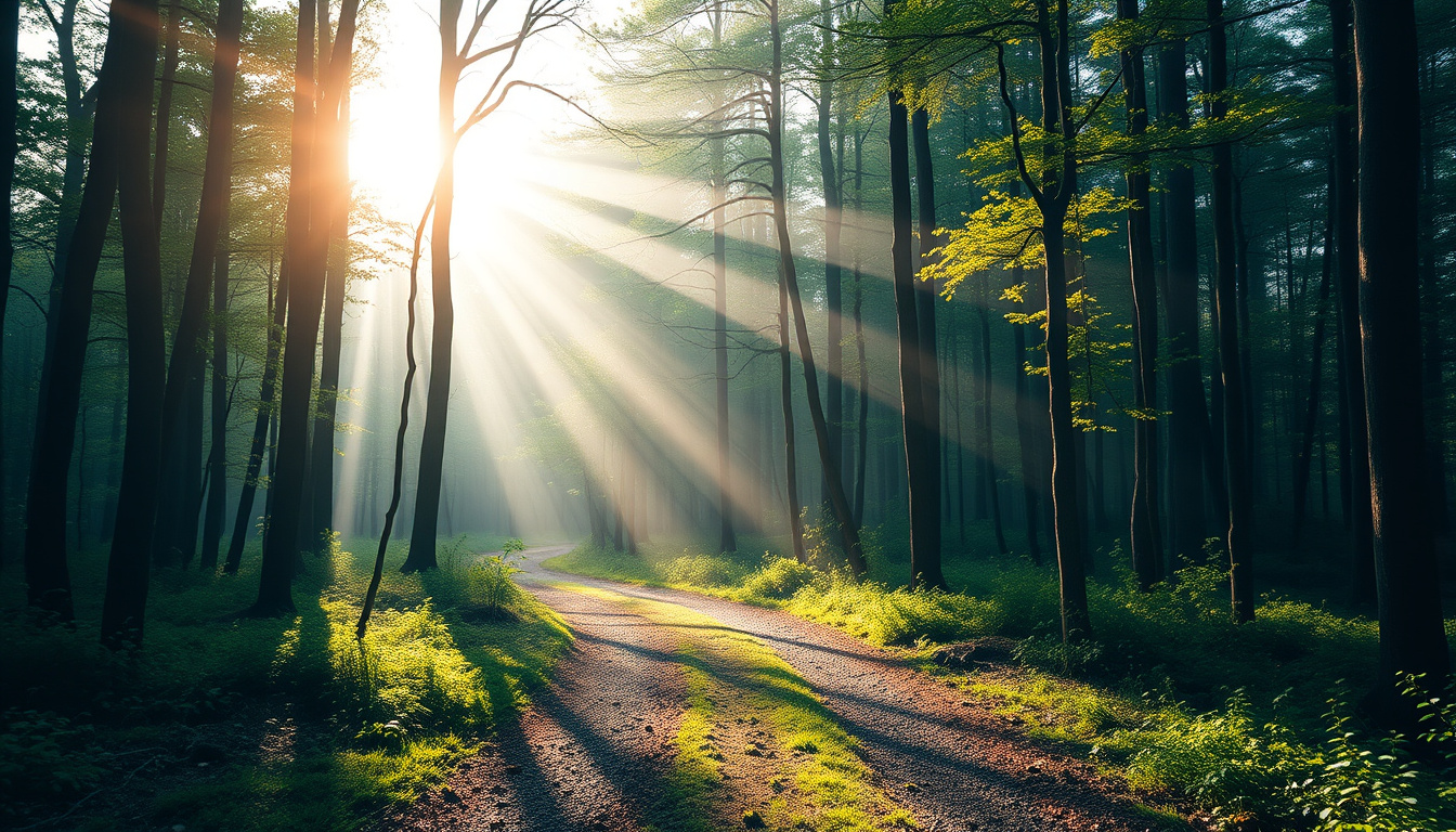  Tranquil forest path illuminated by soft morning light, inspiring serenity and transformation