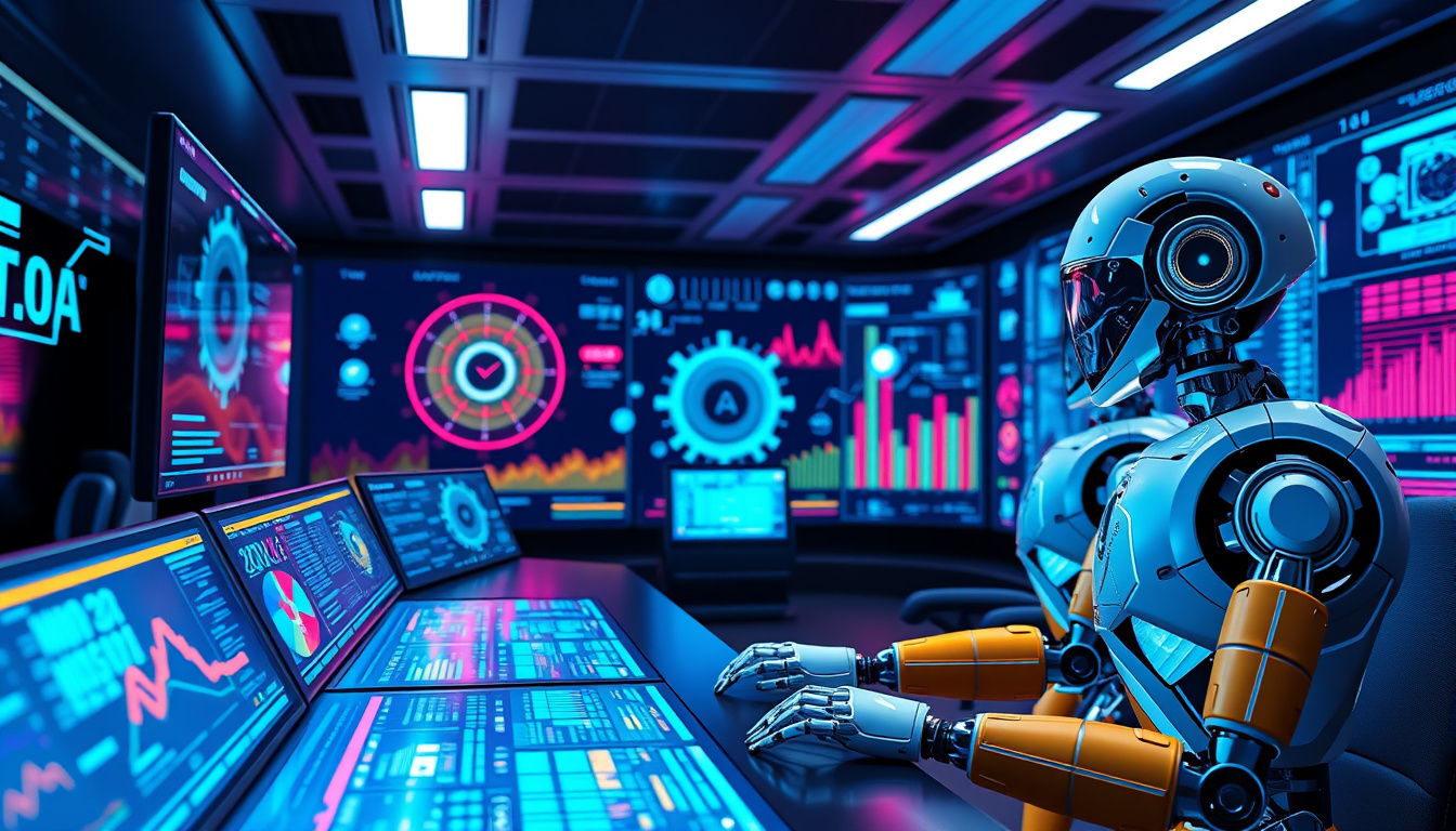 High-tech control room filled with holographic AI interfaces and robotic assistants analyzing data streams