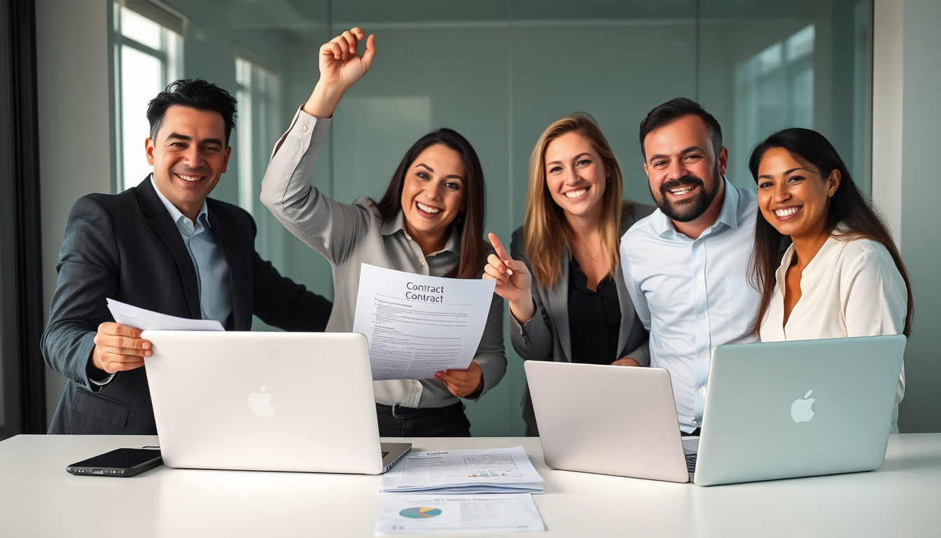  confident small business team celebrating contract win, paperwork and laptops on table