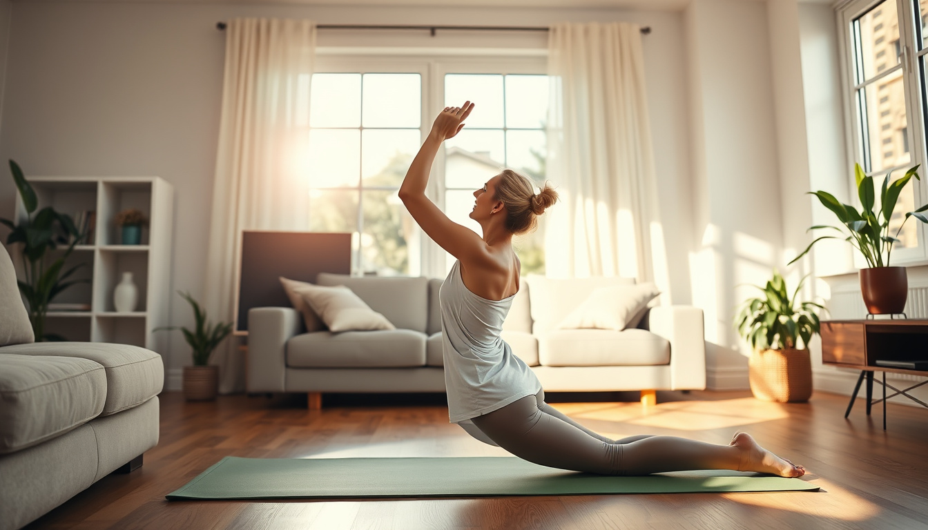  person doing gentle yoga stretches for sciatica relief in sunlit living room