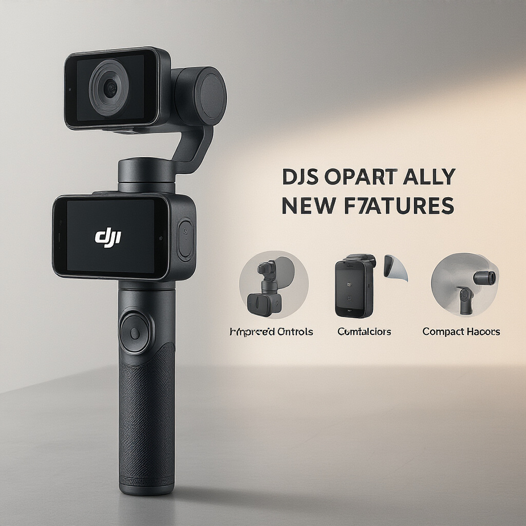 Create a realistic image of the DJI Osmo Mobile 7P smartphone gimbal stabilizer displayed prominently against a clean, minimalist background, with its new features subtly highlighted, showing the device's sleek design, improved controls, and compact form factor, with warm professional lighting that accentuates the product details and creates subtle shadows to enhance its three-dimensional appearance.