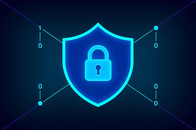 Digital privacy concept illustration showing a glowing lock icon inside a blue shield with binary code background, modern flat design style with soft shadows and gradient colors