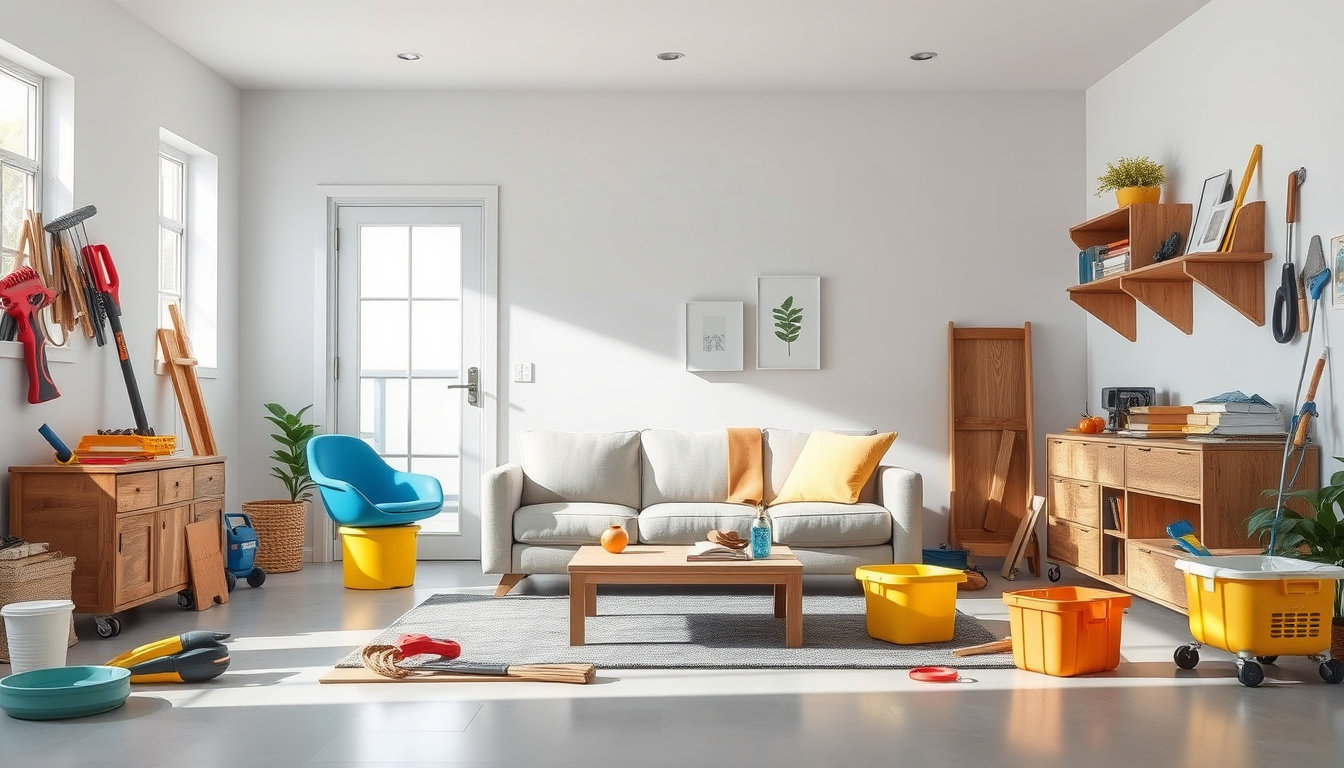  A clean, organized foreclosure property cleanup scene, tools and furniture neatly arranged, modern aesthetic