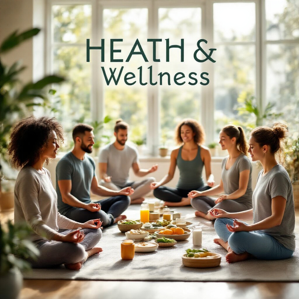 Create a realistic image of a diverse group of people practicing wellness activities in a bright, airy space with natural light streaming through large windows, showing a mix of meditation, light exercise, and healthy meal preparation, with subtle text overlay reading "Health & Wellness" in a clean, modern font, conveying a sense of balance, vitality, and holistic wellbeing.