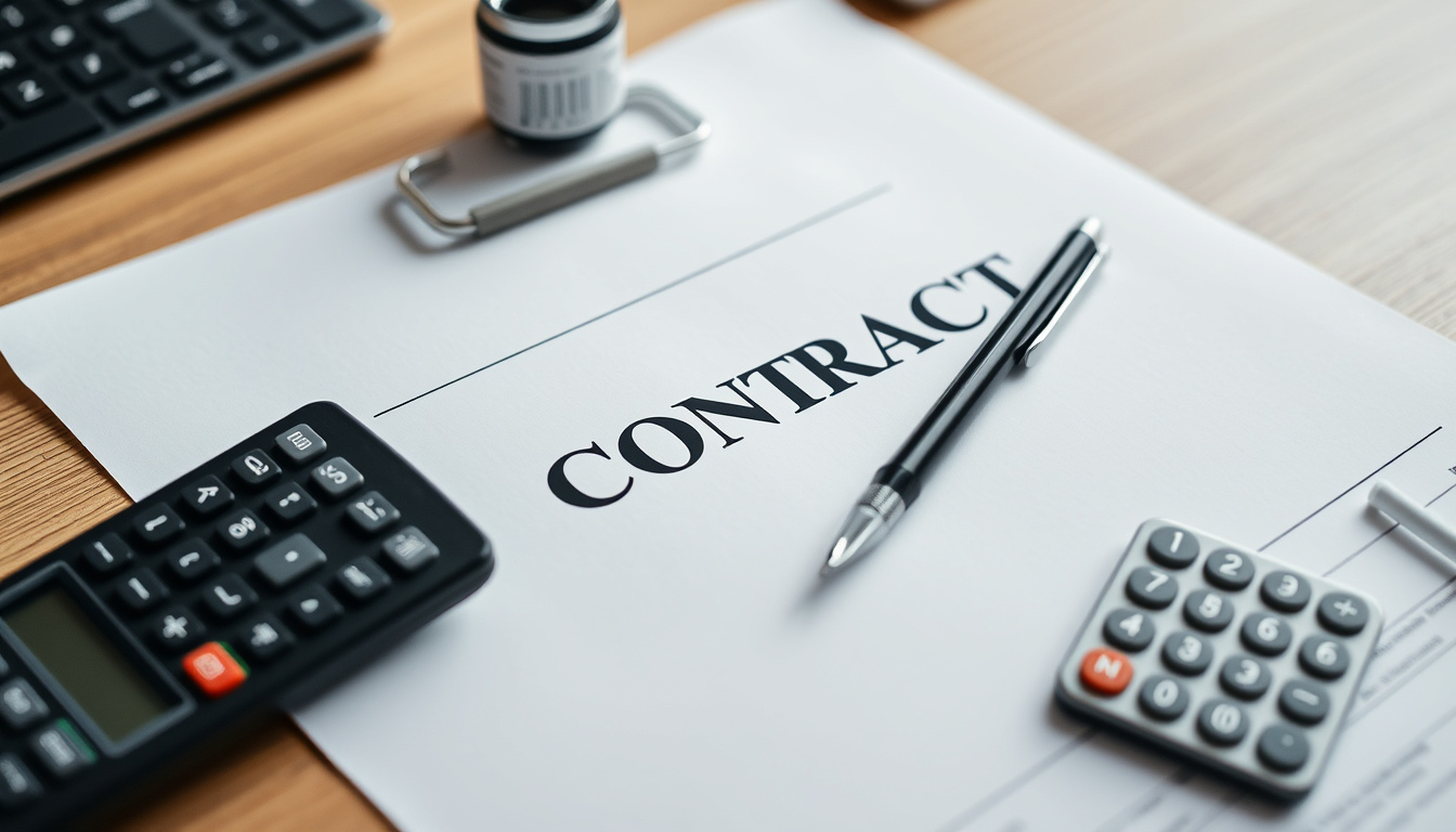 organized desk with government contract documents, pen, calculator, small business success concept