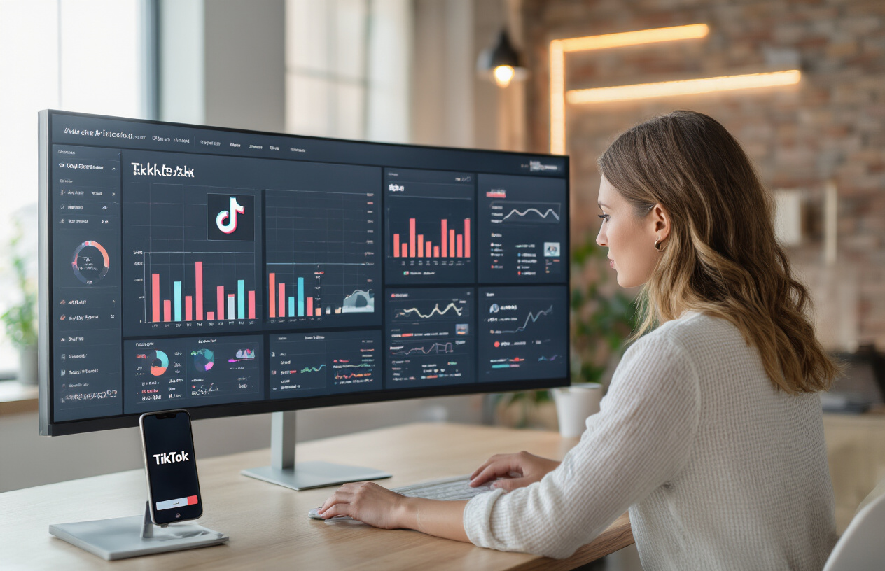 Create a realistic image of a professional white female marketer analyzing TikTok metrics on a large dashboard screen showing ROI graphs and B2B conversion data, with a sleek modern office setting, warm professional lighting, and a smartphone displaying the TikTok app logo visible on her desk.
