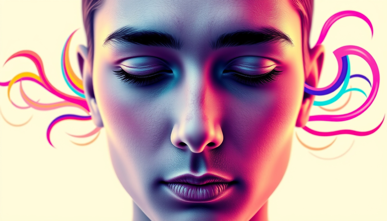  Close-up of calm face with swirling colorful brainwaves symbolizing focus and clarity