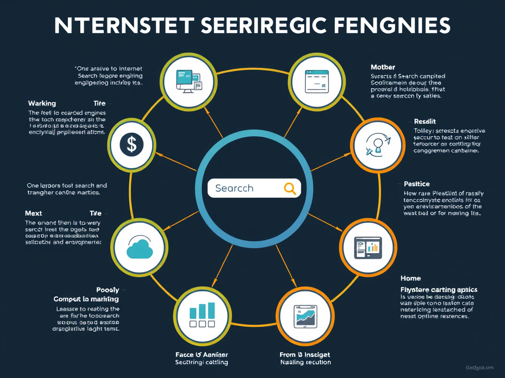 professional infographic showing the components and workflow of internet search engines in a sleek corporate style