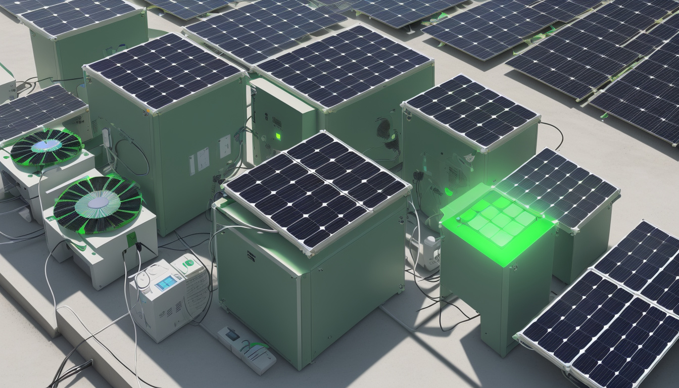  Green energy-powered crypto mining setup, solar panels, efficient cooling systems, and dynamic LED-lit hardware