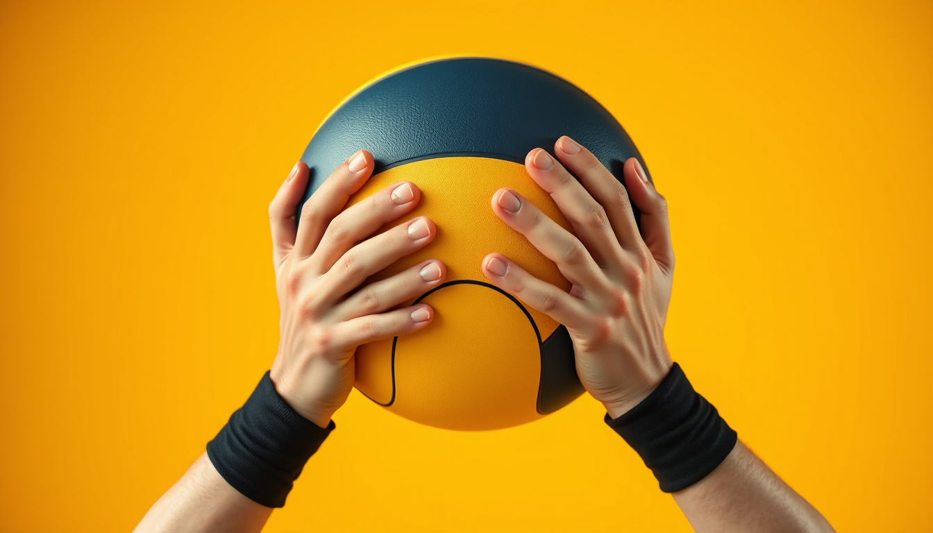  Close-up of hands gripping a medicine ball mid-air during a workout