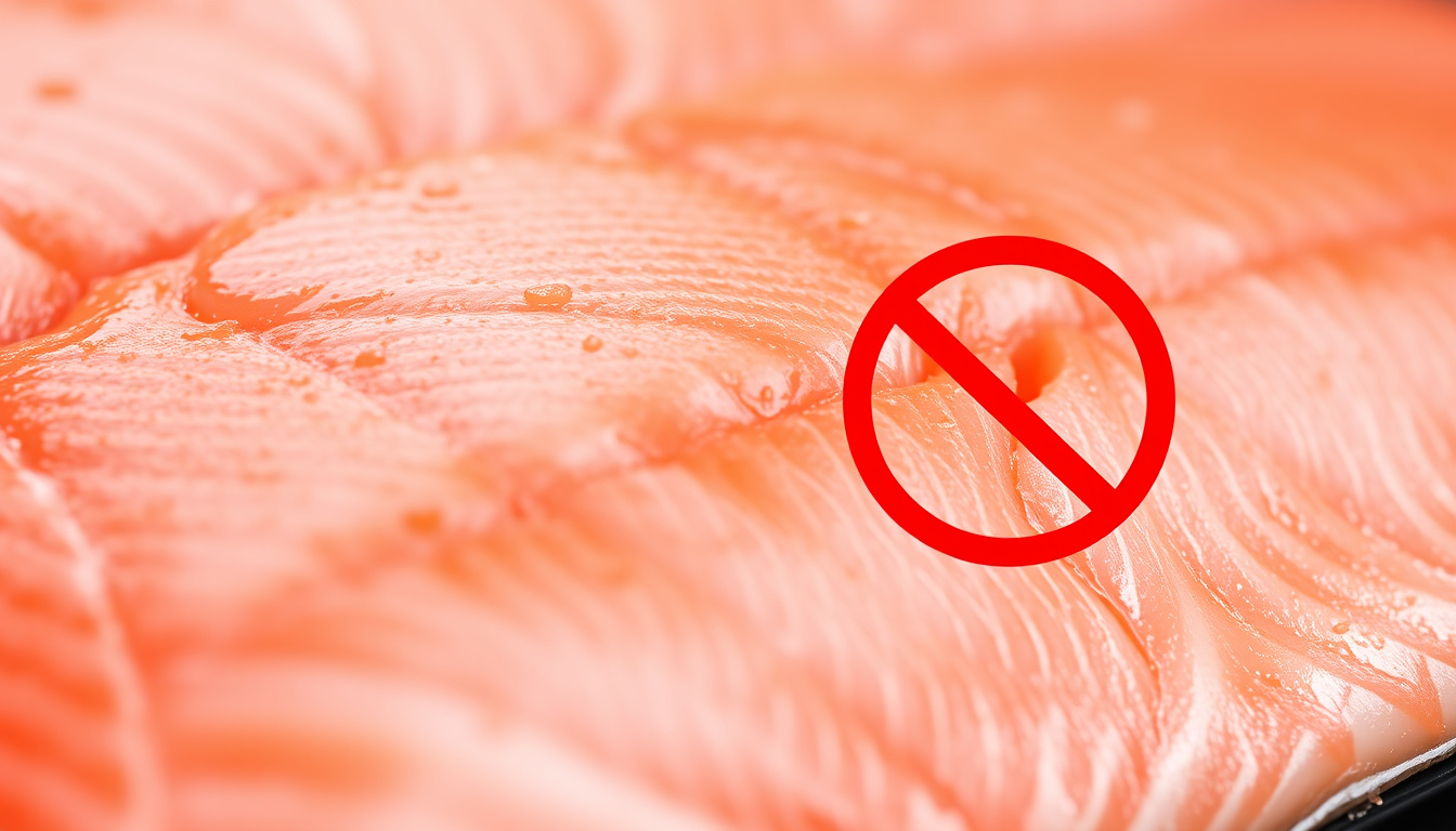  Close-up of raw salmon with a warning sign against bacteria —no extra words or line breaks